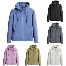 Avslappnad enfärgad hoodie med långa ärmar och dragsko för par.
