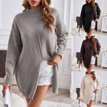 Mode Tröja med Mock Neck och Slits, enfärgad och långärmad