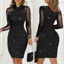Sexig halvgenomskinlig Gaze Bling-bling Bodycon Klänning med delad design
