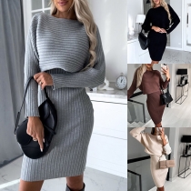 Street Fashion Ribbad tvådelad set med Crop-tröja och ärmlös Bodycon-klänning