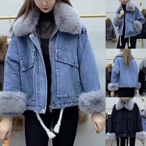 Street Fashion Plyschfodrad konstgjord päls Skarvad krage Patchfickor Gammalt tvättad kort jeansjacka