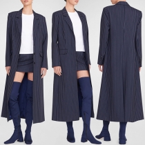 Mode Långärmad Longline Blazer med Vertikala Ränder och Notch-krage