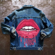 Streetwear Vintage tvättad långärmad jeansjacka med läpptryck för kvinnor