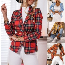 Fashion Dubbelknäppt Rutig Blazer med Notch Lapel