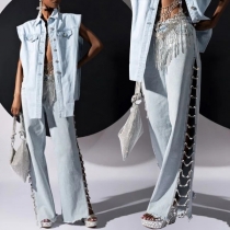 Street Fashion Chain Slit Frayed Jeans
