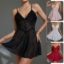 Sexig spetsskarvad V-ringad Rygglös Nattklänning