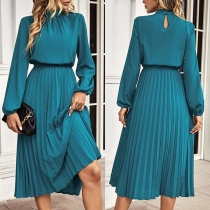 Elegant Solid Color Mock Neck Long Sleeve Cinch Waist Pleated Dress