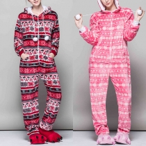 Julens snöflinga tryckt huva Pom-pom Dragsko med huva flanell Pyjamas Jumpsuit för par