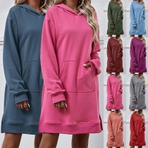 Casual Enfärgad Långärmad Hoodad Sweatshirtklänning med Kängurufickor och Slits