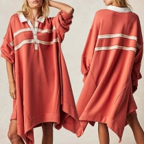 Casual Contrast Color Stand Collar Buttoned V-nbeck Irregular Hemline Loose Dress