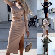 Moderibbad tvådelad uppsättning med korsad Crop Top och Slitskjol