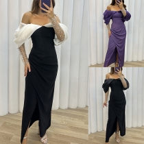 Sexig off-shoulder klänning med bling-bling och långa ärmar för festligt tillfälle