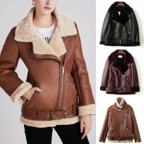 Street Fashion Notch Lapel Sned Dragkedja Spänne Plyschfodrad Konstläder PU-jacka för Kvinnor
