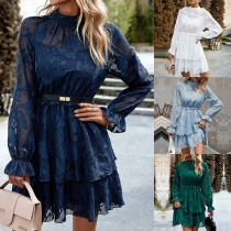Elegant blommig Jacquard Rundhalsad Långärmad Klänning