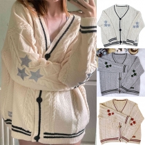 Casual cardigan stickad med V-ringning och stjärnmönster