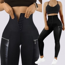 Street Fashion Trendiga Leggings i konstläder med Delad Höghus och Cinch Midja