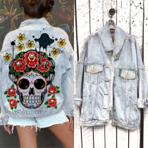 Punk Fashion Skull Mönstrad Gammalt tvättad jeansjacka