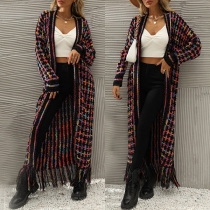 Vintage långärmad cardigan i kontrastfärg med tofsar och Longline-design