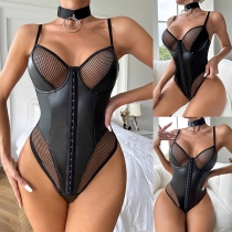 Sexig Mesh Net Underkläder Body med Choker i Konstläder PU