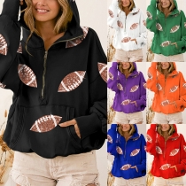 Gatufashion bling-bling rugbybollsmönstrad halv dragkedja långärmad huvtröja.