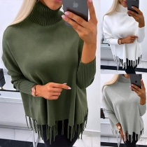 Mode tröja med enfärgad turtleneck, långärmad och tofsar