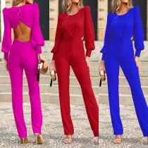Sexig unifärgad jumpsuit med rund hals och lång ärm - rygglös design