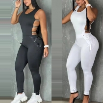 Sexig Sidoutskärning Rhinestone Jumpsuit med Ärm - Slim Fit