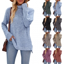Casual Enfärgad Turtleneck Långärmad Ribbad Slitskjorta