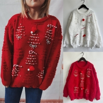 Chic Pom-pom pärlbowknot rundhalsad långärmad tröja till jul
