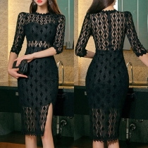 Elegant rund hals armbågsärm Bodycon klänning med halvgenomgående spetsögla