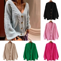 Casual Enfärgad V-ringad Långärmad Stickad Cardigan med Knappar