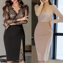Eleganta spetsskarvade V-ringade långärmade Bodycon-klänningar