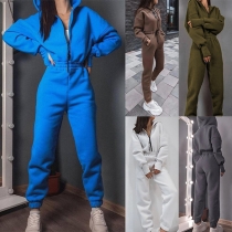 Casual Enfärgad Halvzip Hoodad Långärmad Jumpsuit med resår i midjan