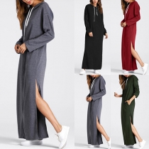 Casual Enfärgad Dragsko Hood Långärmad Slit Maxiklänning