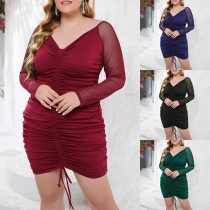 Sexy Gauze Spliced Long Sleeve V-neck Ruched Drawstring Plus-size Dress