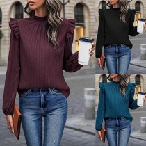 Fashion Solid Color Ruffled Mock Neck Long Sleeve Shirt