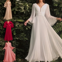 Elegant Enfärgad V-ringad Långärmad Cinch Midja Veckad Maxi Festklänning