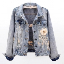 Vintage blommig strass jeansjacka med flickmönster i gammaltvättade nyanser