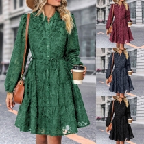 Mode Blommig Jacquard Långärmad Knäppt Självknytande Mini Klänning