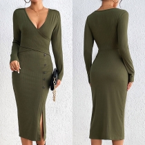 Elegant enfärgad V-ringad Knäppning Slit Bodycon Ribbad Klänning