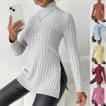 Mode enfärgad långärmad ribbad skjorta med slits och hög krage