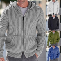 Modefärgad långärmad stickad cardigan för män med dragkedja