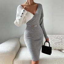 Sexig V-ringad Bodycon-klänning med kontrastfärg och kedjedetaljer