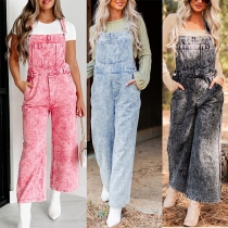 Vintage Gammaltvättad Rakt Skuren Denim Suspender Jumpsuit med Främre Patchfickor