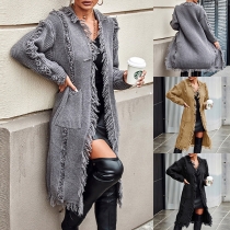 Street Fashion Enfärgad Tofskantad Långärmad Stickad Kofta
