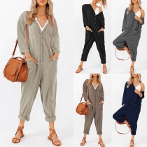 Mode: Enfärgad, Knäppt, V-ringad, Långärmad Lös Jumpsuit