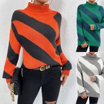 Street Fashion Kontrastfärg Slant Stripe Mock Neck Långärmad tröja