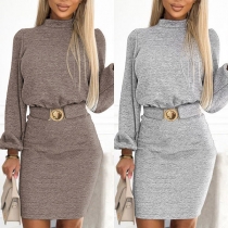 Elegant enfärgad Mock Neck Långärmad Cinch Waist Bodycon Klänning med bälte