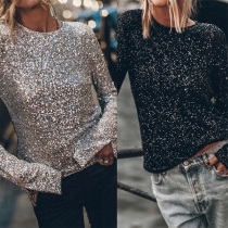 Gatumode Paljetter Bling-bling med rund hals, långärmad rygglös skjorta med slits