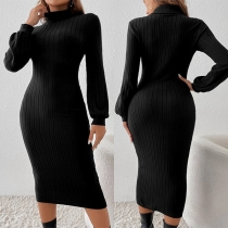 Mode Mock Neck Långärmad Ribbad Bodycon Svart Klänning